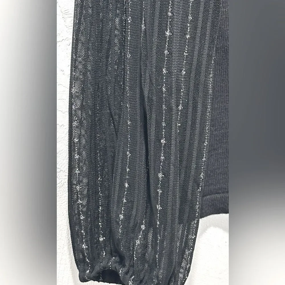 ANNE KLEIN Mock High Neck Mesh Metallic Sheer Sleeves Black Viscose Sweater M - Picture 3 of 10